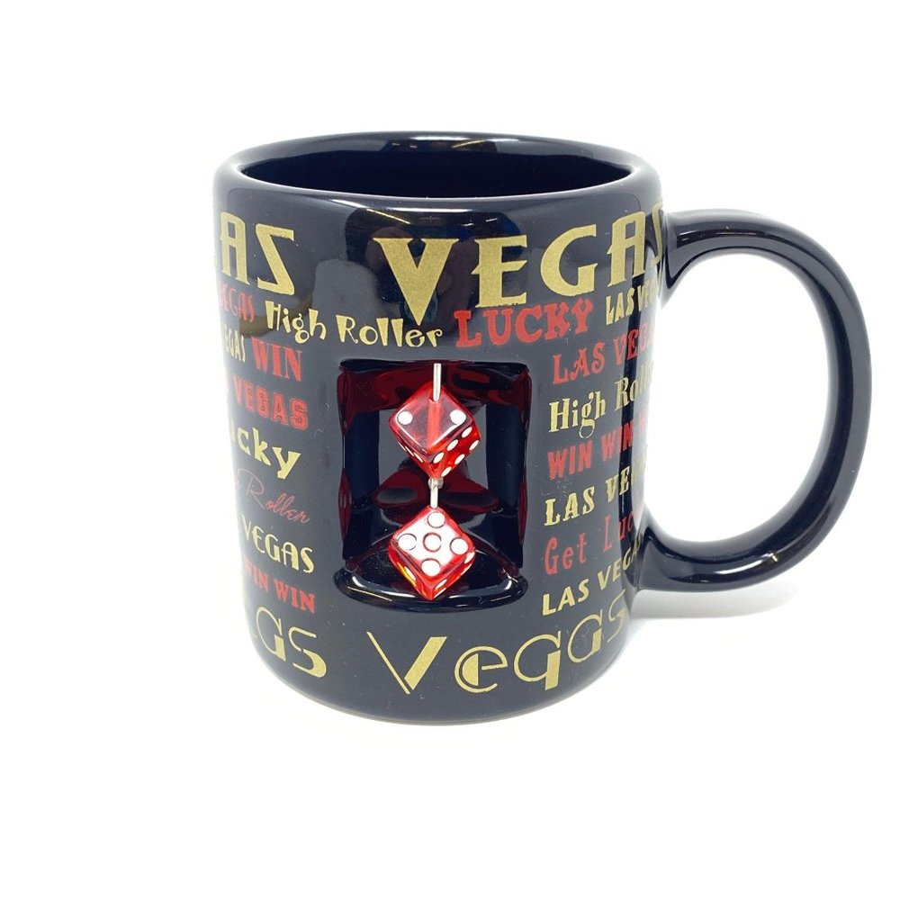Las Vegas Black Coffee Mug Gold Red Writing High Roller 2 Red Dice On Mug